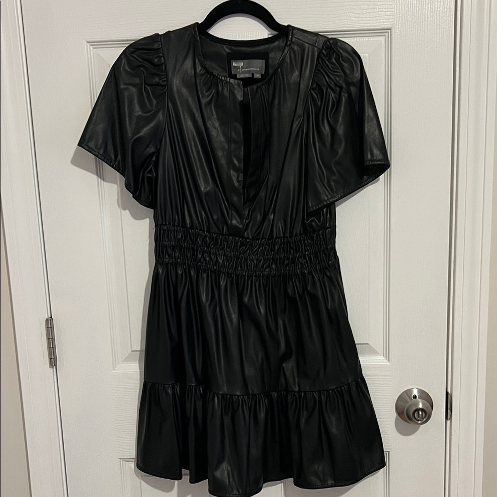 Anthropologie The Somerset Vegan Leather Mini Dress black Small Petite